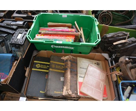 Two boxes of Haynes Manuals, Leyland Truck Repair Operation Manual, Bedford Trucks manual, an Electrical Equipment manual, et