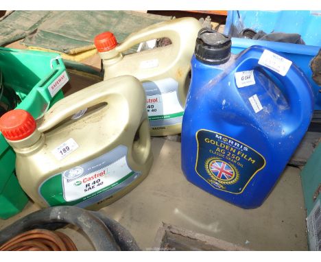 Morris Lubricants (5 litre) Classic gear oil (part used) and two 4 litre Castrol R40 racing Oil cans, (one used and one unope