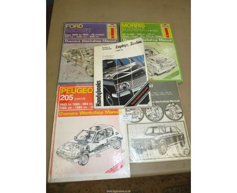 Three Haynes Manuals including Morris Marina, Ford Escort and Peugeot 205, Maxi Owners Manual and Zephyr/Zodiac Owner's Handb