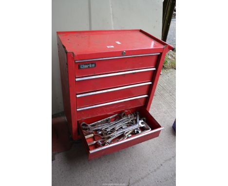 A red Tool Chest on wheels with drawers containing various tools, sockets, a set of hexagon keys, etc.