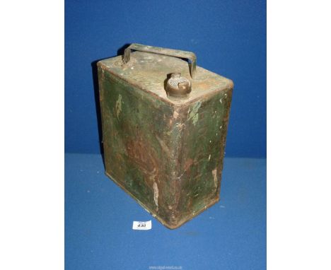 A vintage dark green metal Pratts petrol can.