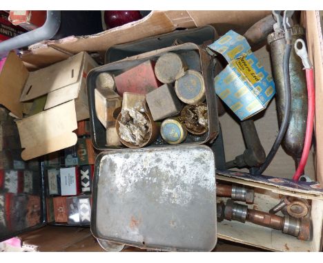 A box of compression springs contact sets, vintage tin "Mini Auto Lamps" containing more contact sets, a jar of black and red
