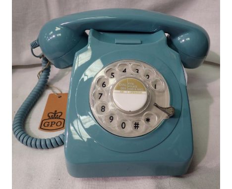 Blue 1960/1970s style rotary telephone, compatible with modern telephone banking and any standard analogue landline, boxed; P