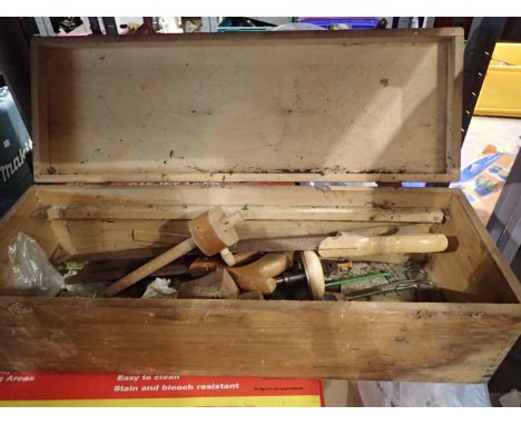 Quantity of vintage hand tools in wooden tool box to include saws etc. Not available for in-house P&amp;P, contact Paul O'Hea