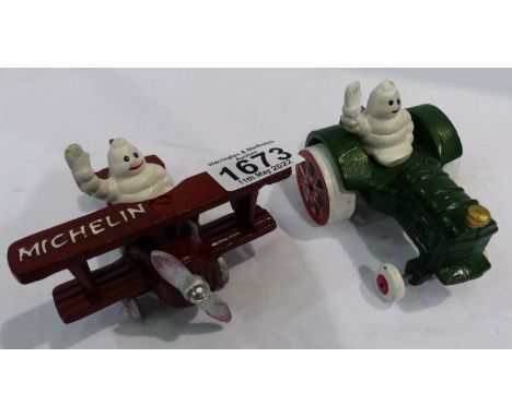 Cast iron Michelin Man in a plane, 10 x 11 cm and a Michelin Man on tractor, 10 x 8 cm. P&amp;P Group 2 (£18+VAT for the firs