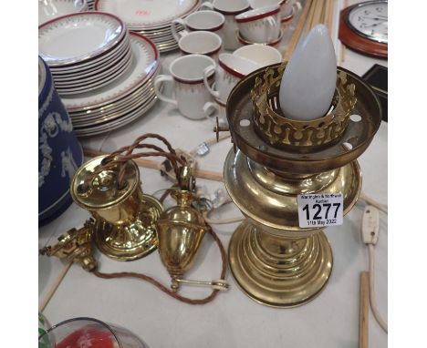 Brass oil lamp converted to electric, lacking shade, H: 40 cm. Not available for in-house P&amp;P, contact Paul O'Hea at Mail