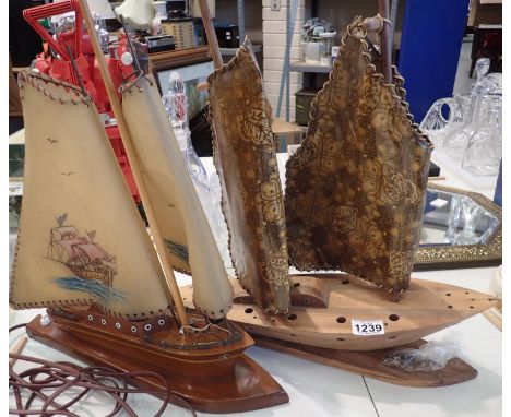 Pair of wooden ship lamps with paper sails. Not available for in-house P&amp;P, contact Paul O'Hea at Mailboxes on 01925 6591