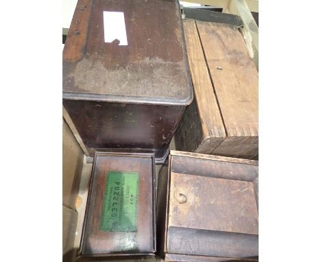 Three vintage wooden boxes and a set of wooden drawers. Not available for in-house P&amp;P, contact Paul O'Hea at Mailboxes o