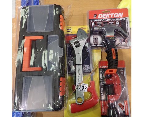 Small tool box, claw hammer, wrench and hacksaw all new and unused. Not available for in-house P&amp;P, contact Paul O'Hea at