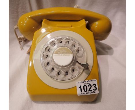 Mustard 1960/1970s style rotary telephone, compatible with modern telephone banking and any standard analogue landline, boxed