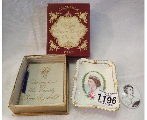 Royal Crown Derby 1953 Coronation pin dish boxed, 10 x 8 cm, no cracks, chips or restoration, and a further ceramic portrait 