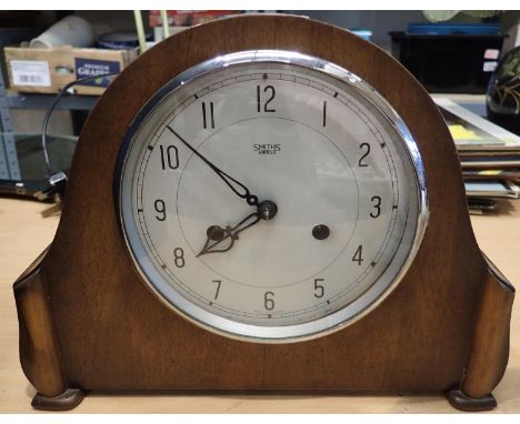 Mahogany cased chiming mantel clock by Smiths, H: 23 cm. Not available for in-house P&amp;P, contact Paul O'Hea at Mailboxes 