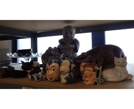 Shelf of mixed items including Goebel Monkeys. Man wearing spectacles figure: no crazing, cracks, chips or visible restoratio