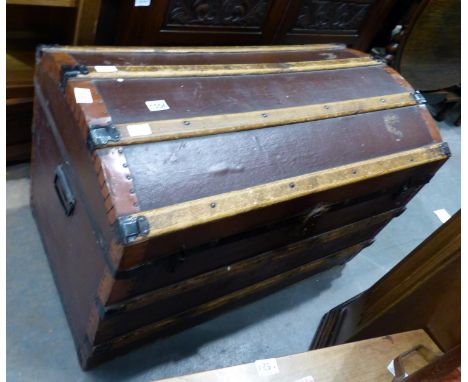 Wooden bound steamer domed top trunk, 90 x 50 x 55 cm. Not available for in-house P&amp;P, contact Paul O'Hea at Mailboxes on