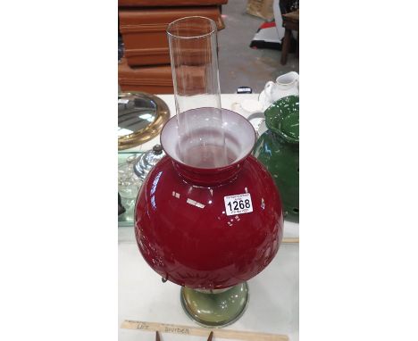 Copper gas lamp with red glass shade, with no damages. Not available for in-house P&amp;P, contact Paul O'Hea at Mailboxes on
