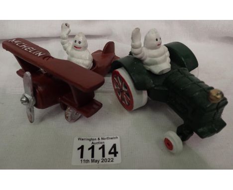 Michelin Man in a plane and a Michelin Man in tractor, largest H: 6 cm. P&amp;P Group 1 (£14+VAT for the first lot and £1+VAT