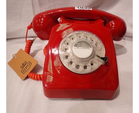 Red 1960/1970s style rotary telephone, compatible with modern telephone banking and any standard analogue landline, boxed. P&