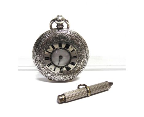 A HALF HUNTER POCKETWATCH  stamped 'Fine Silver', enamel chapter to the cover, white enamel dial with black Roman numerals, b