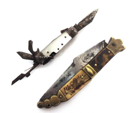 A FOLDING POCKET KNIFE  probably Spanish, the 10.5cm blade marked 'La Pie / Nava?a del lozo', overall 23cm long; together wit