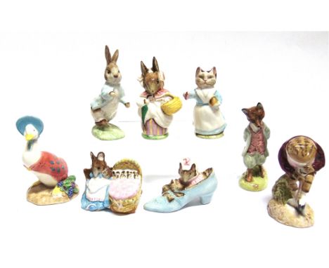 A GROUP OF EIGHT BEATRIX POTTER FIGURES, VARIOUS MAKES:  Border Fine Arts 'Jemima Puddleduck with Herbs', Royal Albert 'Foxy 