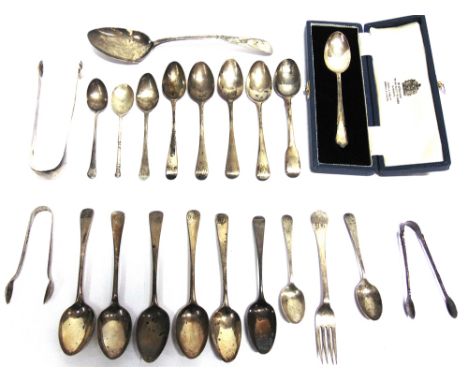 A COLLECTION OF SILVER FLATWARE  comprising twelve antique teaspoons, various makers and dates; an Exeter tablespoon, bright 