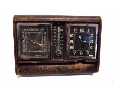AN ART DECO TRAVELLING COMBINATION TIMEPIECE  by Jaeger Le Coultre, retailed by Asprey, comprising a clock with a square blac