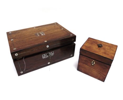 A VICTORIAN ROSEWOOD SEWING BOX  with mother-of-pearl inlaid decoration and fitted interior, 28cm wide; and a small fruitwood