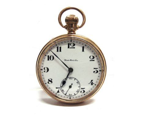 CHARLES HART &amp; SONS  a 9 carat gold open faced pocketwatch, signed white enamel dial with black Roman numerals, subsidiar