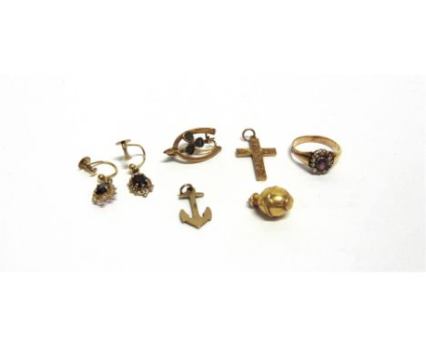 AN AMETHYST AND SEED PEARL CLUSTER RING  unmarked; a pair of garnet drop earrings, screw fittings stamped '9ct'; a wishbone b