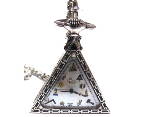 A MASONIC SILVER POCKETWATCH  by Solvil, the triangular mother of pearl dial with painted Masonic symbols for numerals, the s