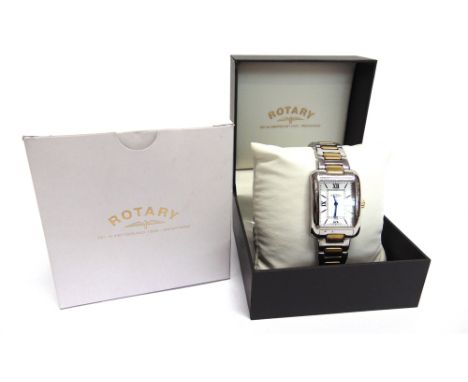 ROTARY, A GENTLEMAN'S TWO COLOUR BRACELET QUARTZ WRIST WATCH  with date, cased, spare link and guarantee dated, 2/2/15