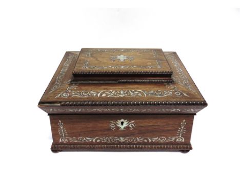 AN EARLY VICTORIAN ROSEWOOD WORKBOX  with mother-of-pearl inlaid decoration and fitted interior, 34cm wide 26cm deep 19cm hig