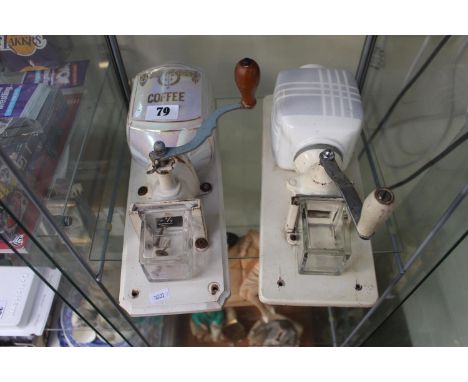2 1930s Coffee Grinders with Ceramic hoppers and wooden mounts 