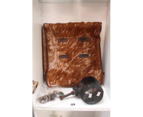 SA Cow Hair Rucksack dated 1934, WWII Motorcycle combination search light and a collection of Metal detector finds 