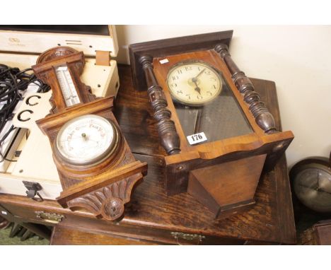 Oak Framed Barometer and a Walnut cased wall clock 