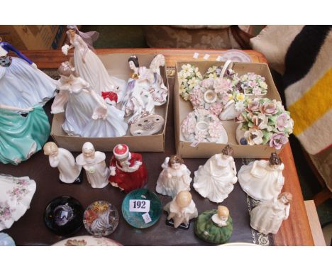 Collection of Royal Doulton Figurines , Floral ceramics table ware and and 3 Glass paperweights 