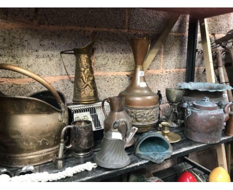 SHELF WITH BRASS SPITTOONS, HELMET SHAPED COAL BUCKET, VASES, BELL, COPPER KETTLE WITH AN INSET FLAP ON SPOUT &amp; OTHER BRA