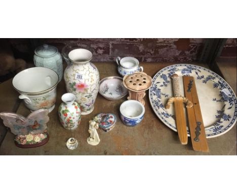 SHELF OF VASES, MEAT PLATE &amp; OTHER CHINA A/F