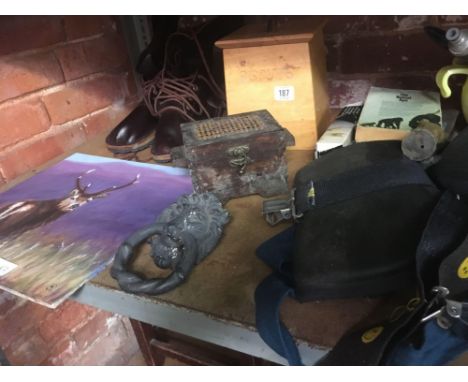 SHELF WITH A PAIR OF BROWN BOOTS OF LARGE SIZE, LION HEAD DOOR KNOCKER&amp; OTHER BRIC-A-BRAC