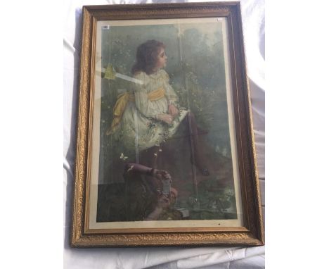 LOUISA STAR CANZIANI, 1893, LARGE VICTORIAN PEARS STYLE COLOUR PRINT OF A YOUNG GIRL WITH A POSY OF FLOWERS SAT BESIDE A RIVE