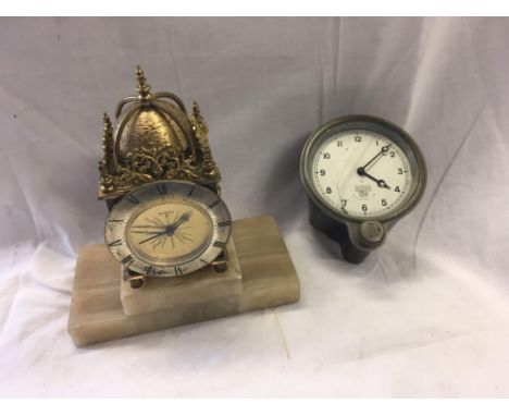 VINTAGE SMITH'S DASHBOARD CLOCK MARKED SMITH'S CRICKLE WOOD WORKS LONDON, GLASS CRACKED &amp; 1 SMALL LANTERN CLOCK BY SWIZA 