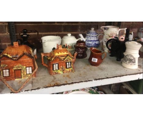 SHELF OF TEA POTS INCL; PRICE COTTAGE WARE, TEA POT BY LEONARDO LIFE STYLE &amp; BUCHAN WHISKY JAR