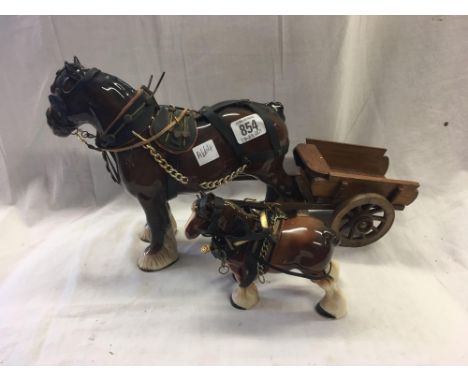2 BROWN SHIRE HORSES WITH HARNESS &amp; A CART BY MELBA