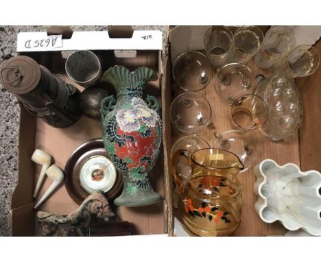 2 CARTONS WITH GLASSWARE, JELLY MOULD, STORM LANTERN, DECORATIVE VASE &amp; A SHORT &amp; MASON STORMOGUIDE BAROMETER