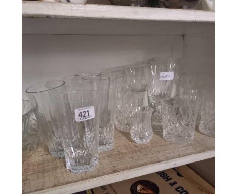 SHELF OF GLASSWARE WITH A FRUIT BOWL ETC