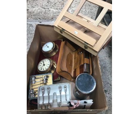 CARTON WITH BOXED PLATEDWARE, BETTY BOOP ALARM CLOCK, ERNEST JONES BAROMETER SET, ARTISTS TRAVELLING EASEL, A GENTS VANITY CA
