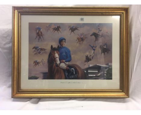COLOURED HORSE-RACING PRINT ENTITLED ''FRANKIE DETTORI'S ASCOT SEVEN'' CELEBRATING THE JOCKEY'S MAJOR RACE WINS AT THAT RACEC