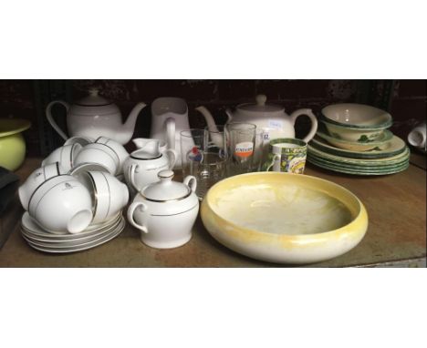 SHELF OF MIXED CHINAWARE INCL; A PART SET OF THE QUEENS GOLDEN JUBILEE 1952 - 2002, A ROYAL DOULTON BOWL &amp; POOLE POTTERY