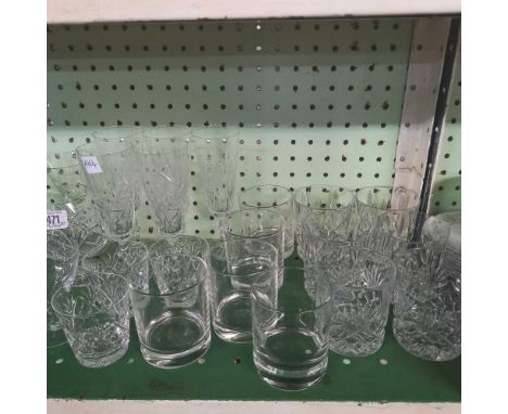 SHELF OF GLASSES, WHISKY TUMBLERS, BRANDY GLASSES ETC