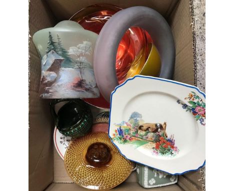 CARTON WITH GLASS POSY HOLDERS, WEDGWOOD TRINKET BOX, PLATE STAND, GLASS LAMP SHADE &amp; OTHER GLASSWARE